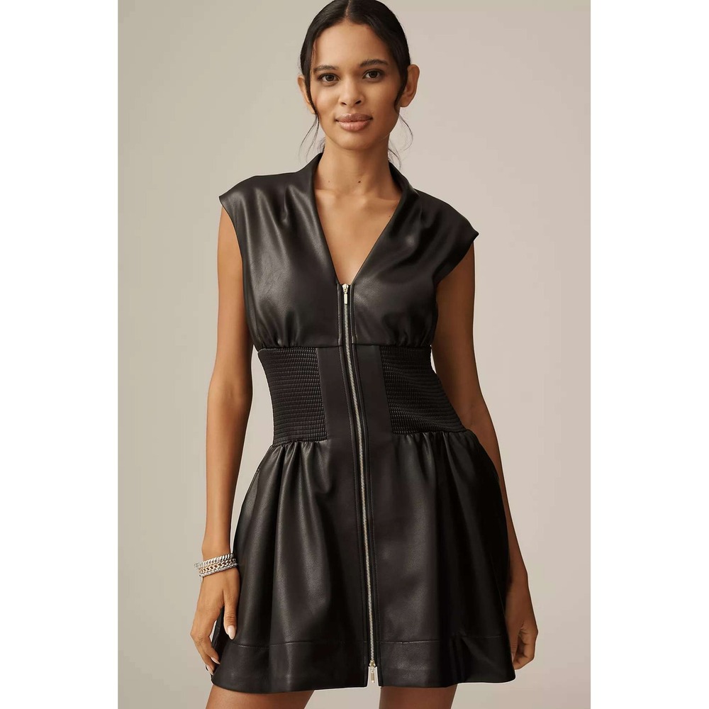 Anthropologie Tommie Faux Leather Front‎ Zip Mini Dress Black XS NWT Pockets